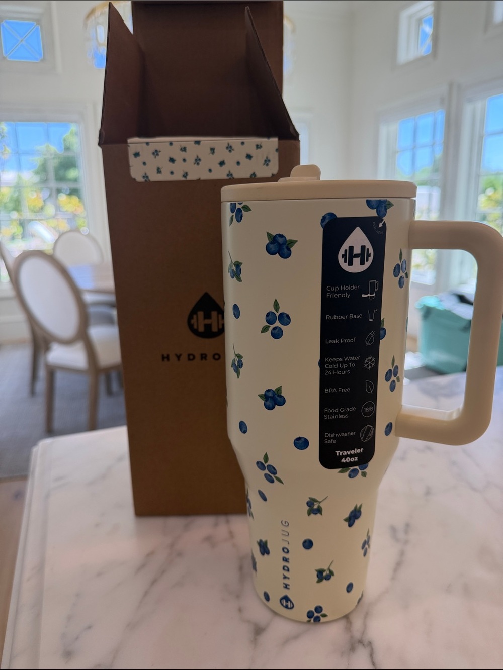 HydroJug Cream Travel Mug with Blue Blueberry Print